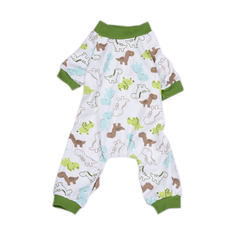 Shed containing cat onesie, designed to fit cats comfortably with elastic cuffs and waist. The onesie has a fun dinosaur print pattern, and features an open back cutout for easy restroom usage. It is made with materials that allow for breathability, which helps to keep cats cool and comfortable.