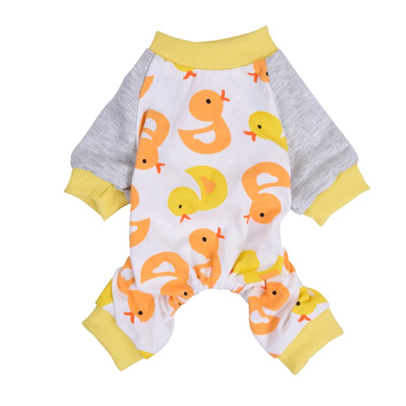 Shed containing cat onesie, designed to fit cats comfortably with elastic cuffs and waist. The onesie has a fun Duck print pattern, and features an open back cutout for easy restroom usage. It is made with materials that allow for breathability, which helps to keep cats cool and comfortable.