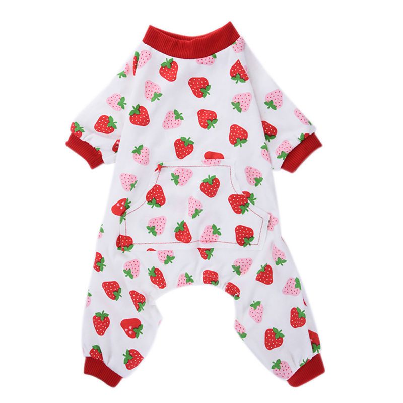Shed containing cat onesie, designed to fit cats comfortably with elastic cuffs and waist. The onesie has a fun strawberry print pattern, and features an open back cutout for easy restroom usage. It is made with materials that allow for breathability, which helps to keep cats cool and comfortable.